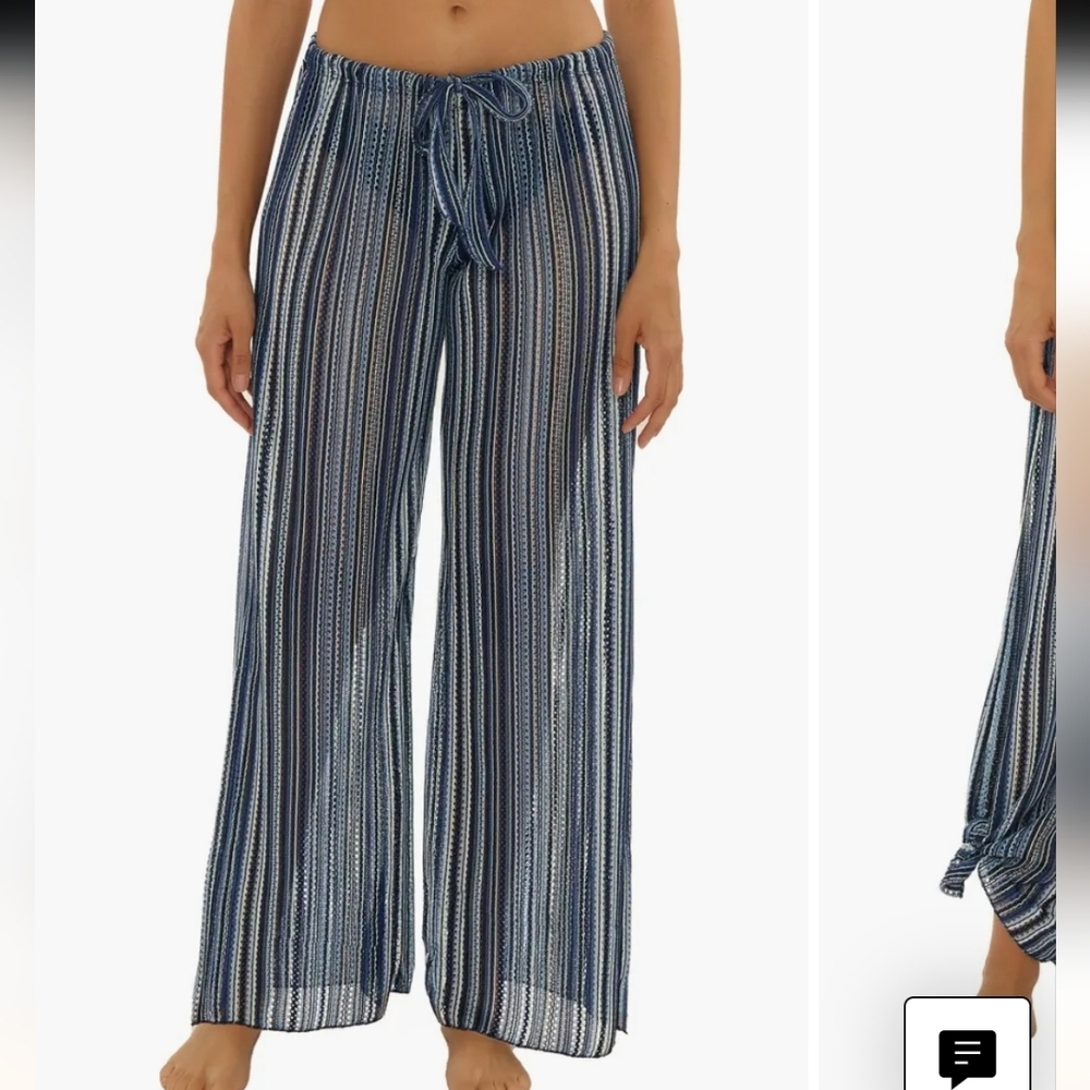 Becca Seaside Slit Cover-Up Pants Size Large Blue White Open Knit